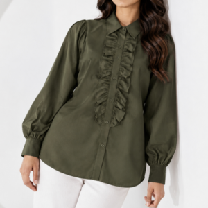 Olive Green Silk Ruffle Shirt