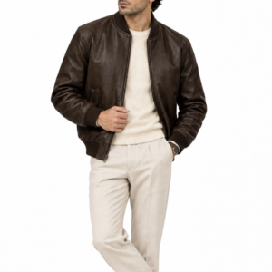 Men’s Espresso Brown Leather Bomber Jacket