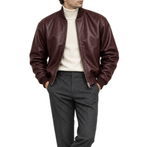 Men’s Burgundy Leather Bomber Jacket