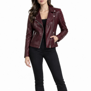 Women’s Burgundy Leather Biker Jacket